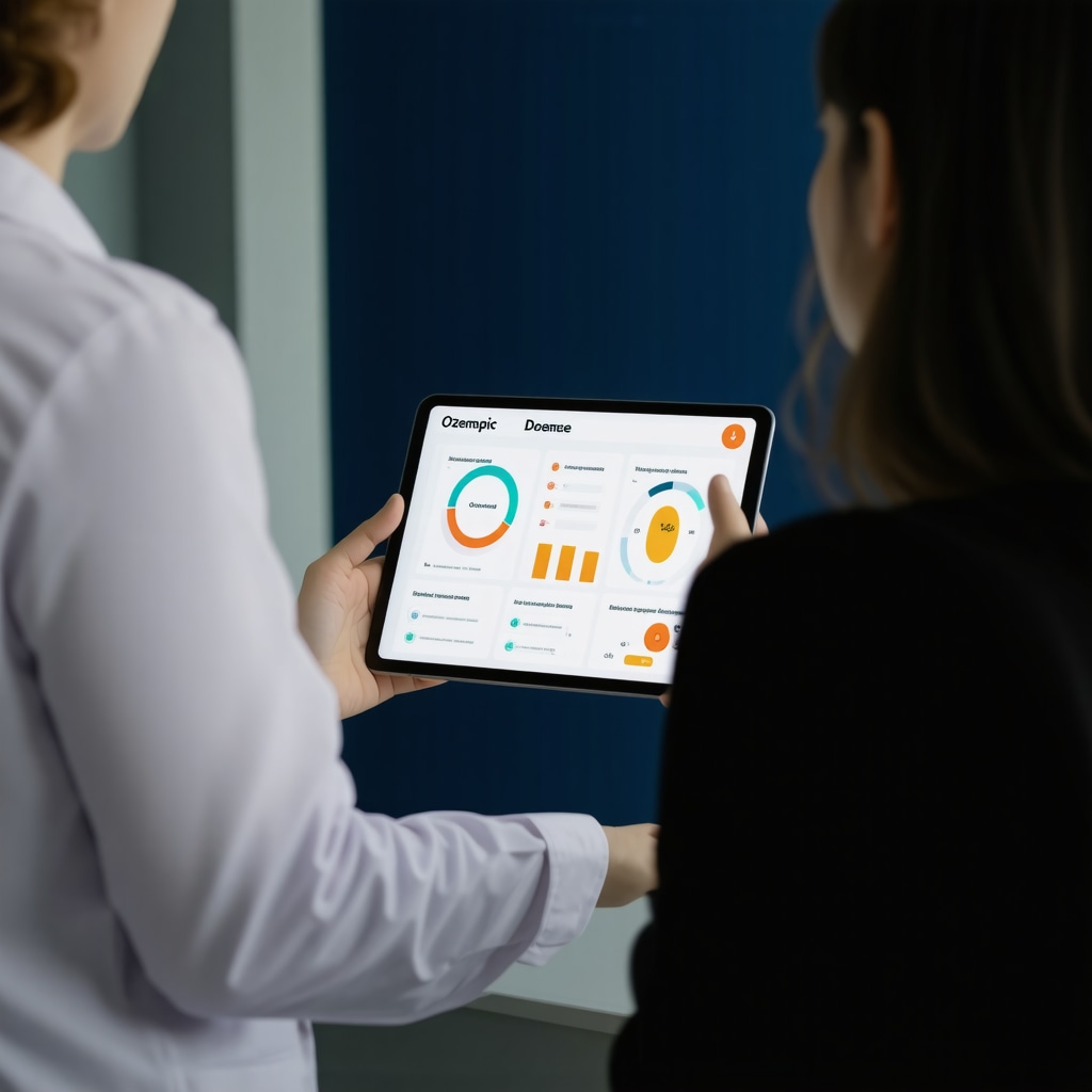 Doctor and patient reviewing Ozempic dosage and biomarker data on a digital tablet in a modern clinic