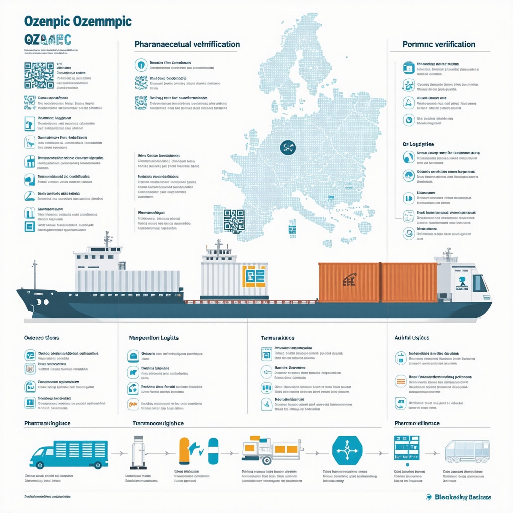 Infographic showing blockchain and QR code technology securing Ozempic supply chain with temperature control and pharmacovigilance