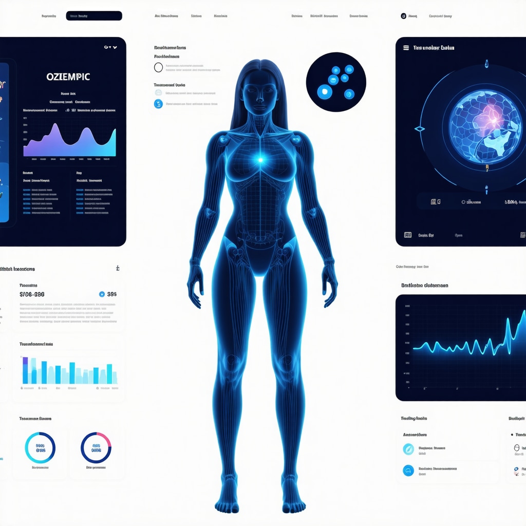 Futuristic digital health dashboard showing AI analytics and personalized Ozempic treatment data