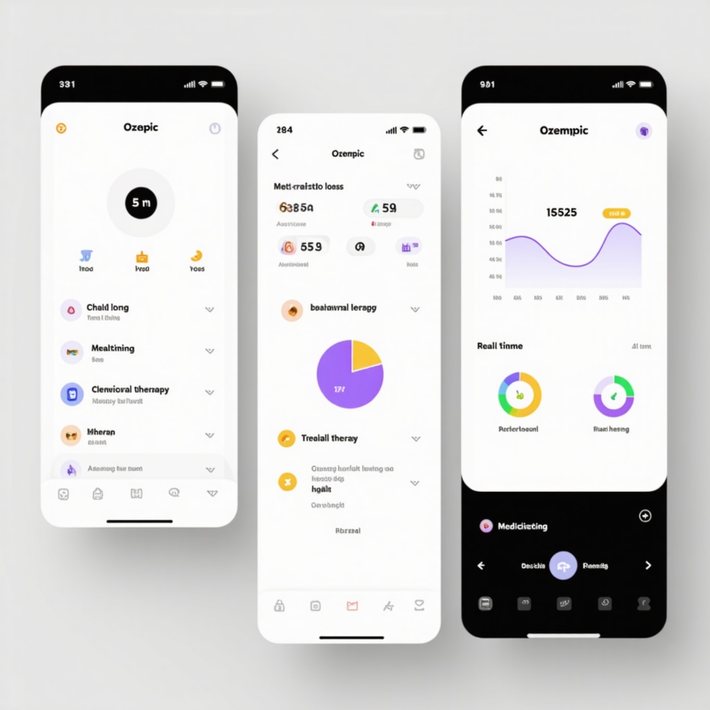 Illustration of a digital app interface showing weight loss progress, chrono-nutrition scheduling, and behavioral therapy prompts for Ozempic users