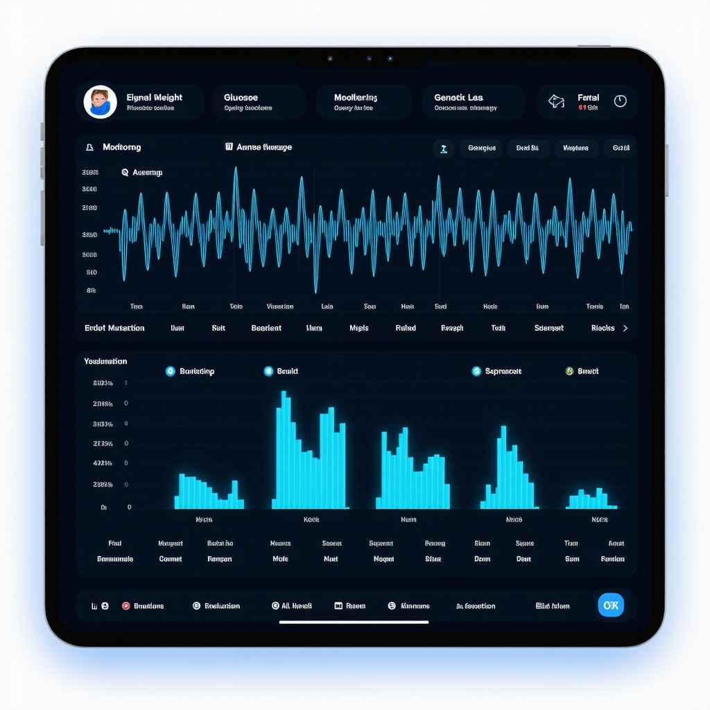 Illustration of a digital health platform showing real-time glucose levels, genetic markers, and customized dosing information for GLP-1 weight loss treatment