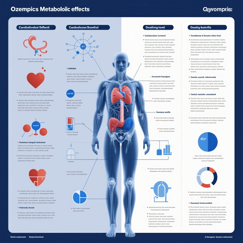 Infographic depicting Ozempic's mechanisms of action, cardiovascular benefits, glucose monitoring, and personalized dosing strategies