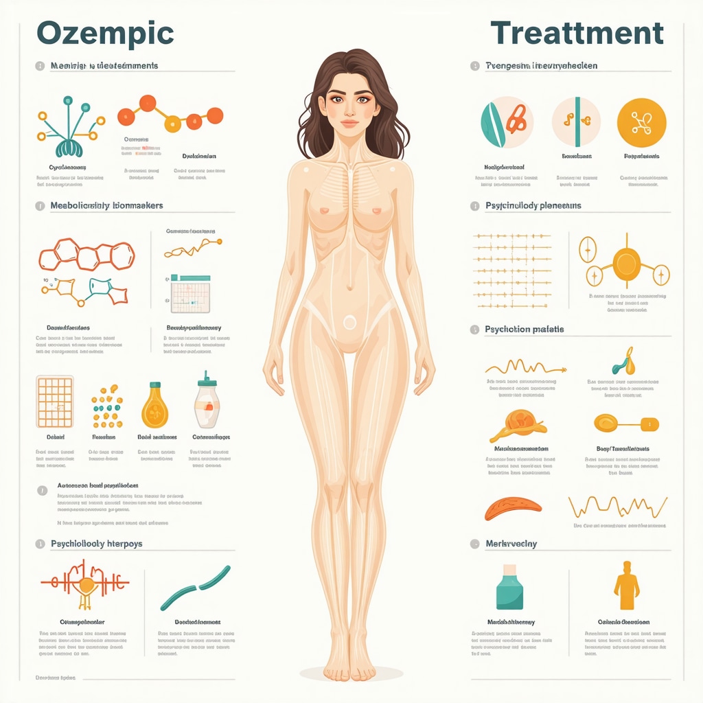 Diagram showing molecular and clinical aspects of Ozempic treatment with genetic and psychological components to overcome weight loss plateau