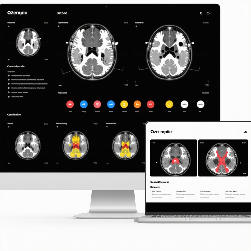 Digital dashboard displaying pharmacogenomic data, brain scans of appetite regulation, and telemedicine video call for personalized Ozempic weight loss management