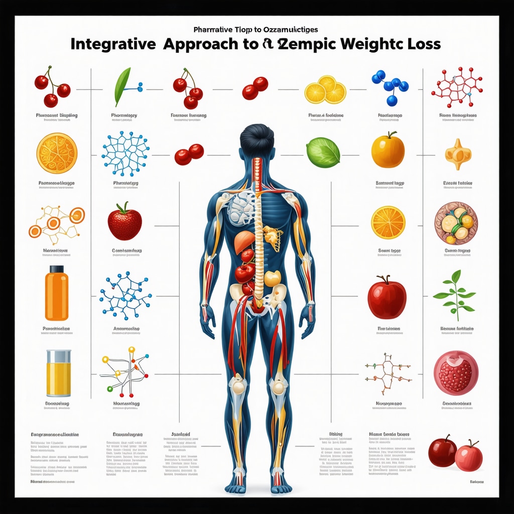 Infographic showing pharmacological and lifestyle integration for optimized Ozempic weight loss outcomes