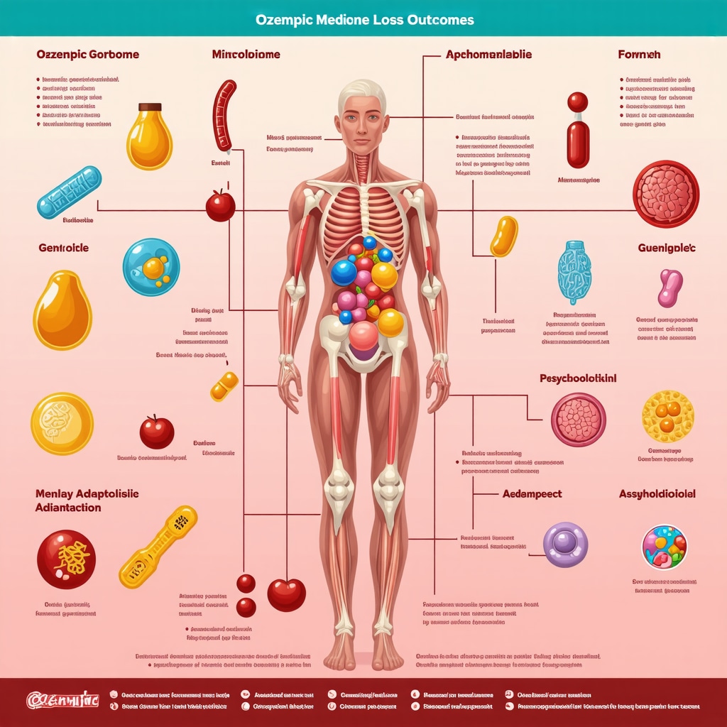 Infographic showing genetic, microbiome, metabolic, and psychological influences on Ozempic treatment outcomes