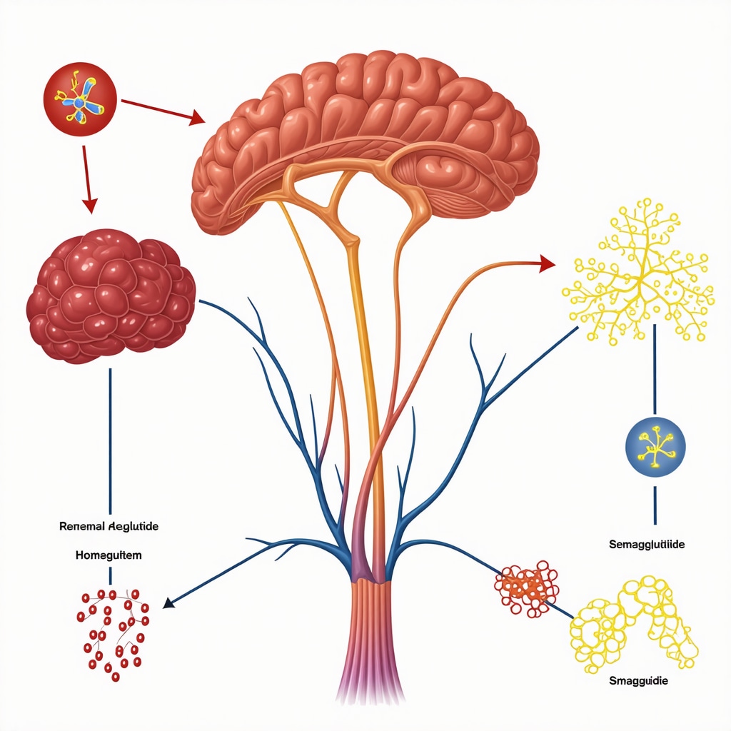 Infographic showing semaglutide and dual agonist effects on appetite and metabolism pathways