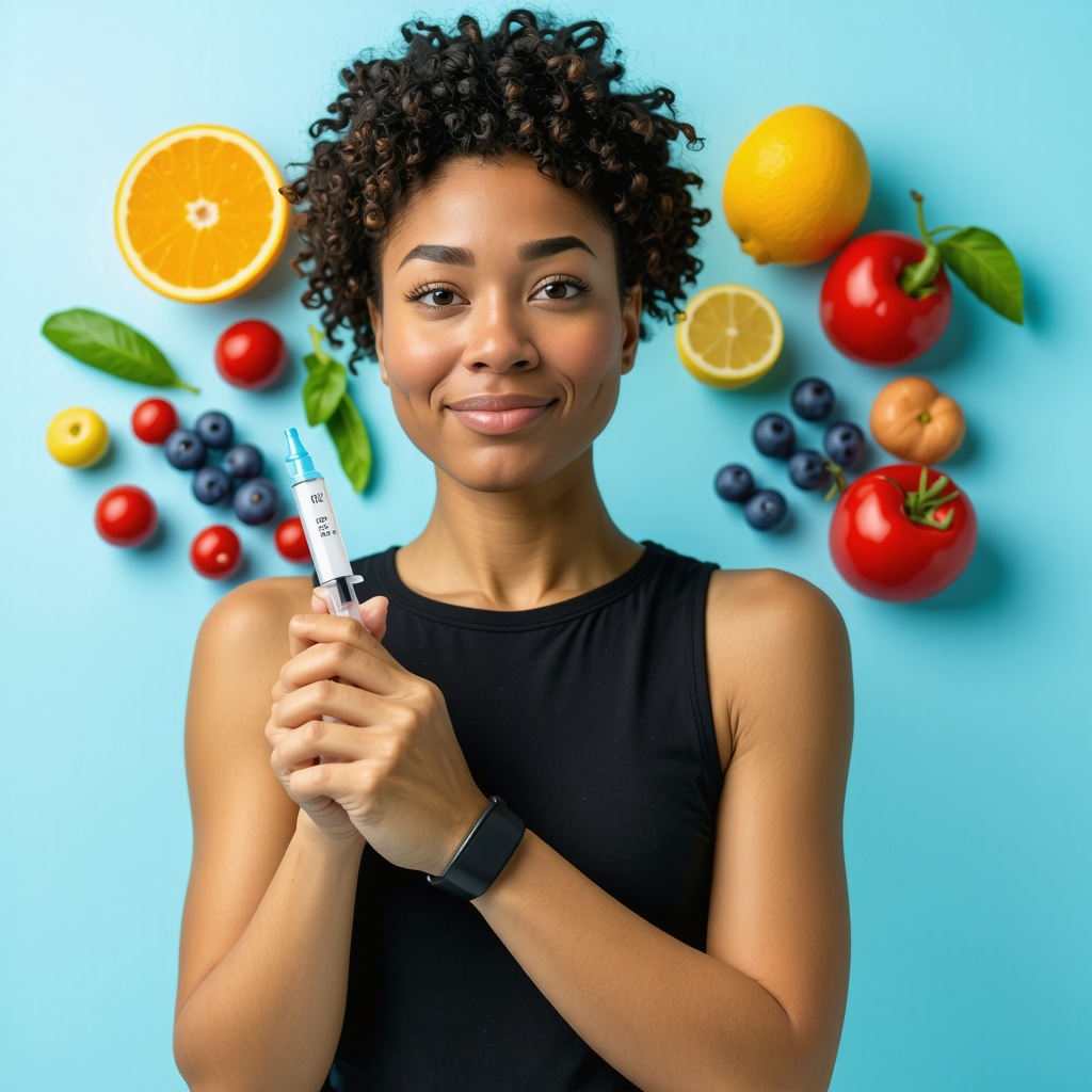 Individual holding Ozempic injection pen surrounded by healthy foods and fitness tracker