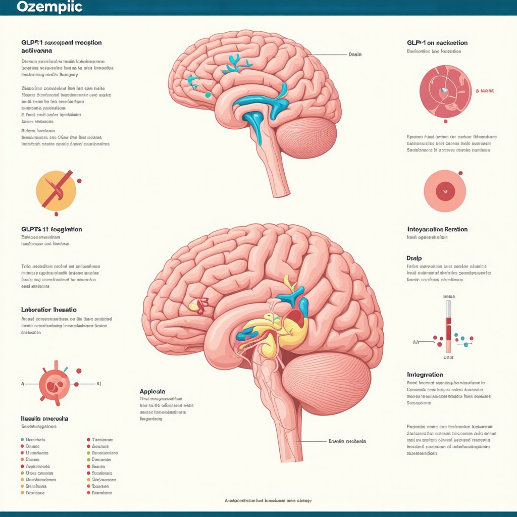 Infographic showing Ozempic's mechanisms of action and complementary behavioral therapies for weight loss