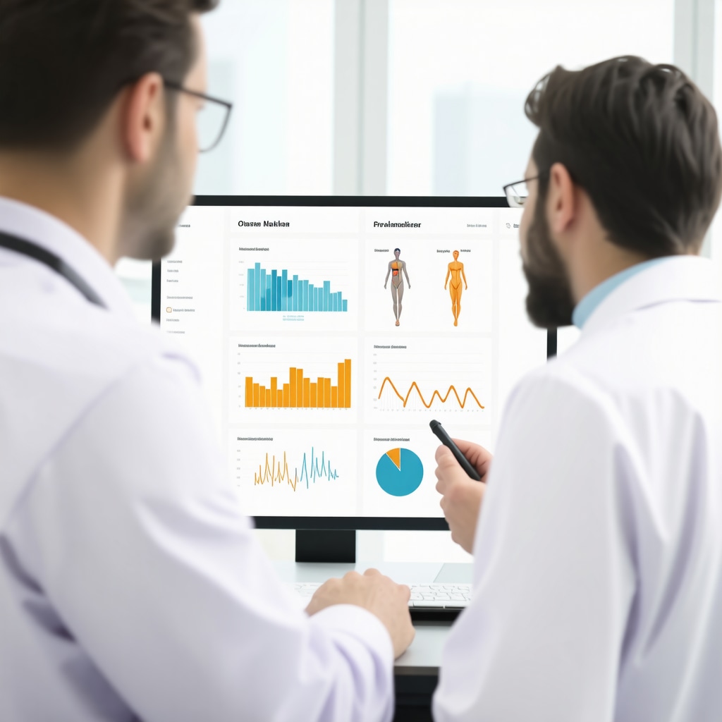 Physician reviewing detailed biomarker and body composition data on a digital interface in a clinical environment