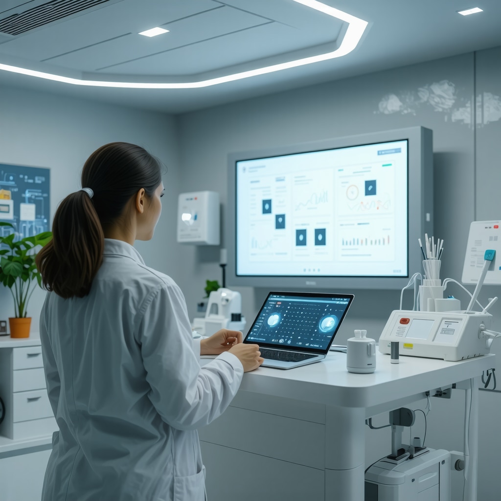 Healthcare professional monitoring patient metabolic data with wearable biosensors and digital platforms in an advanced medical weight loss clinic