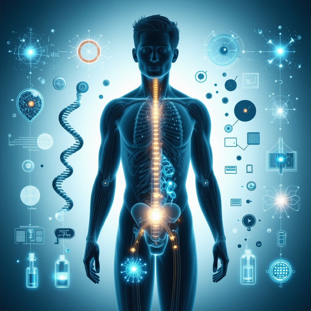 Medical illustration depicting GLP-1 receptor pathways, DNA strands, and digital health icons illustrating precision Ozempic treatment