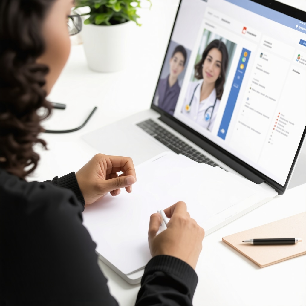 Person writing in a journal with healthcare documents and telehealth session on laptop