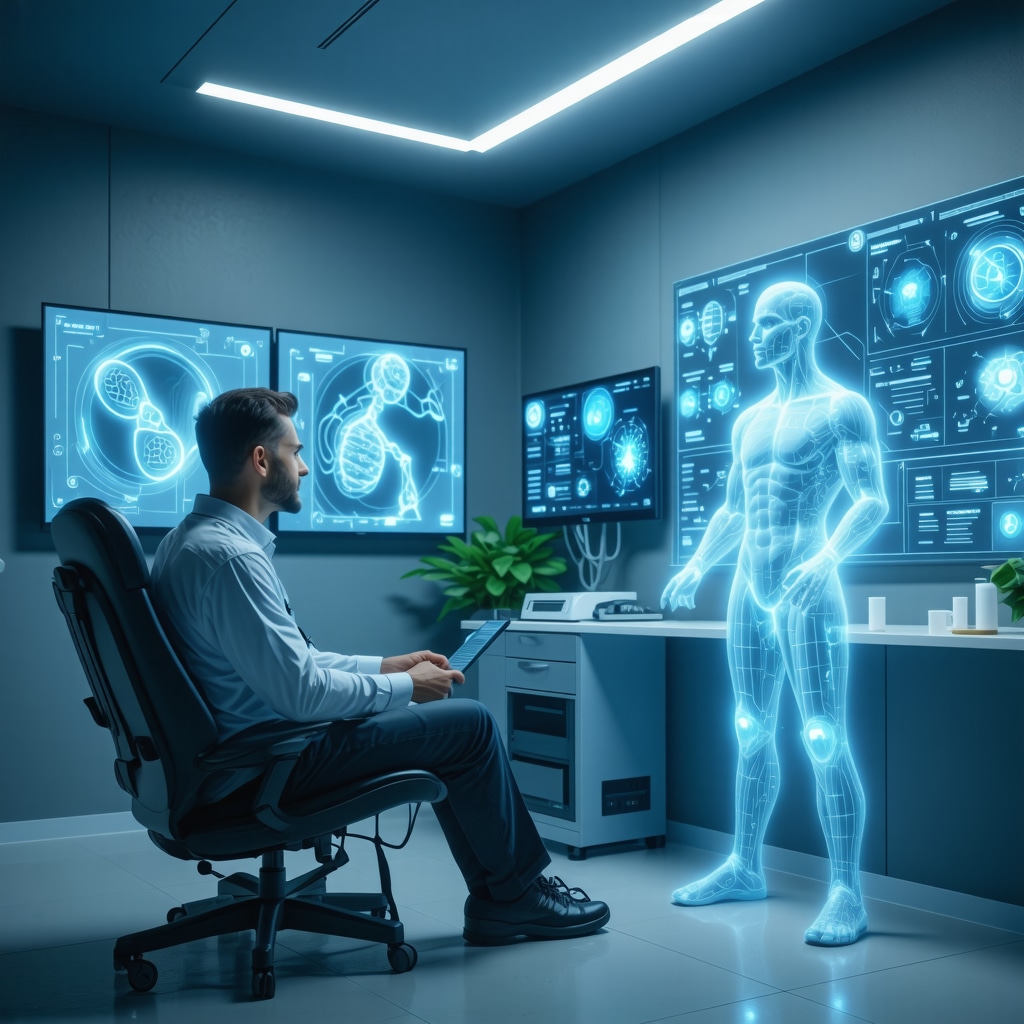 Patient consulting with doctor via telemedicine surrounded by holographic displays of genetic and metabolic data