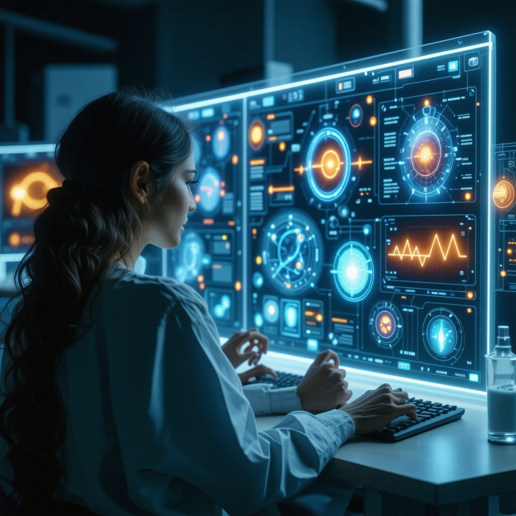 Futuristic medical scene with patient and AI health monitoring devices displaying genetic and glucose data for personalized treatment