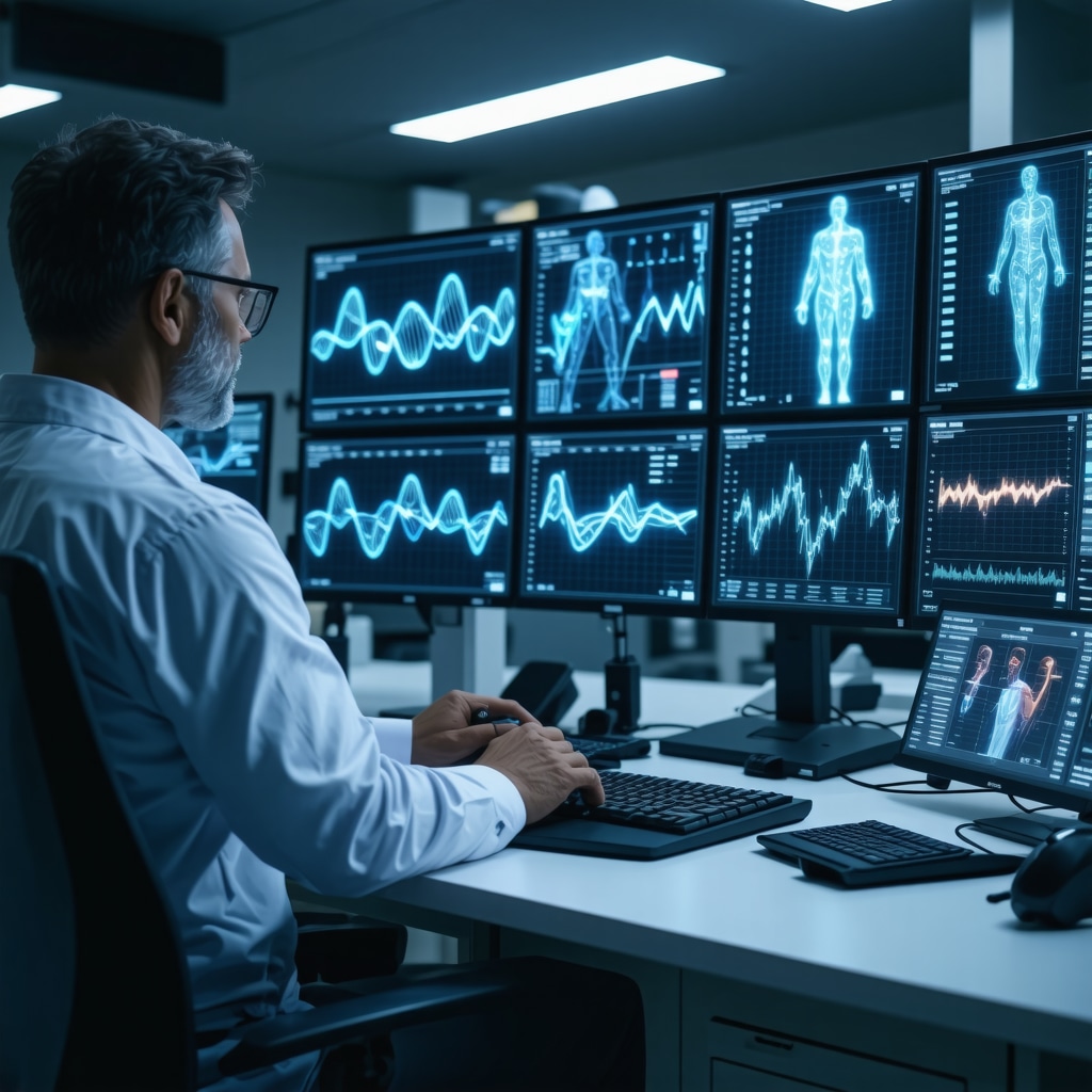 Physician using AI software for personalized Ozempic weight loss treatment with genetic and behavioral data charts