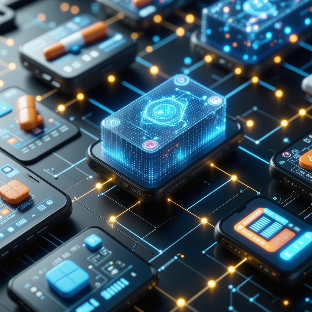 Digital illustration of blockchain and AI technology ensuring Ozempic medication authenticity and personalized patient data monitoring