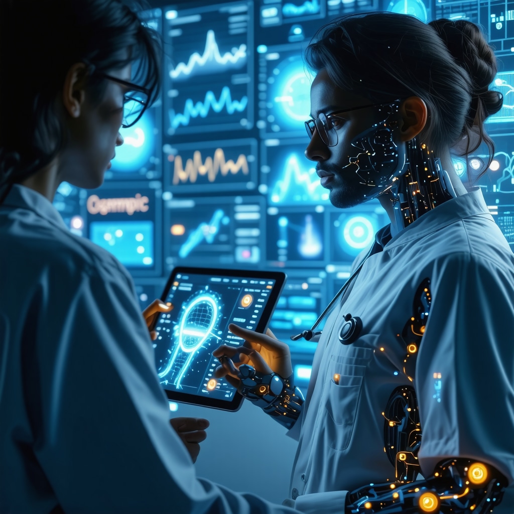 Physician using AI analytics on digital tablet to personalize Ozempic treatment with biomarker data holograms