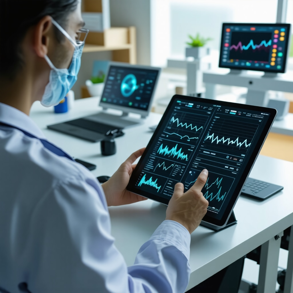 Doctor using AI software on tablet for Ozempic dosage monitoring with biometric data visuals