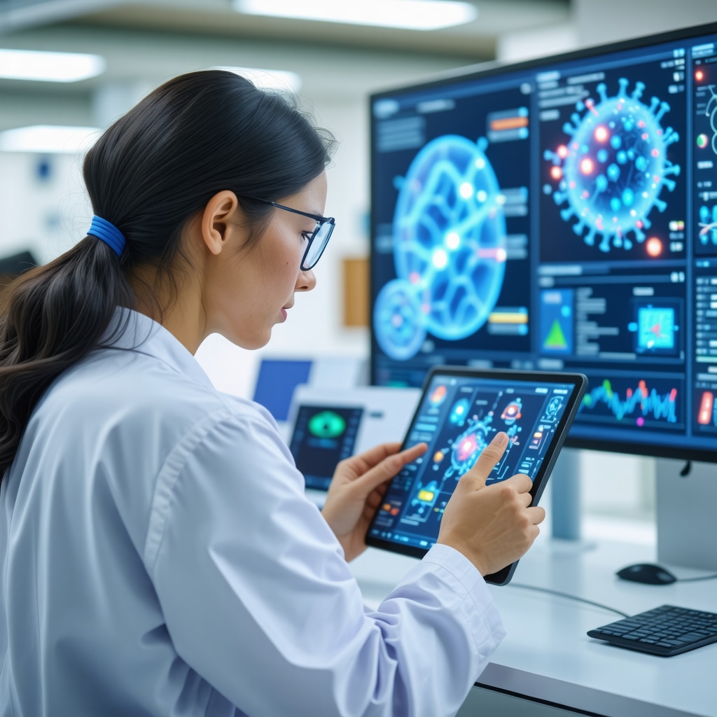 Doctor using AI digital tools with genomic data overlays to optimize GLP-1 receptor agonist therapy