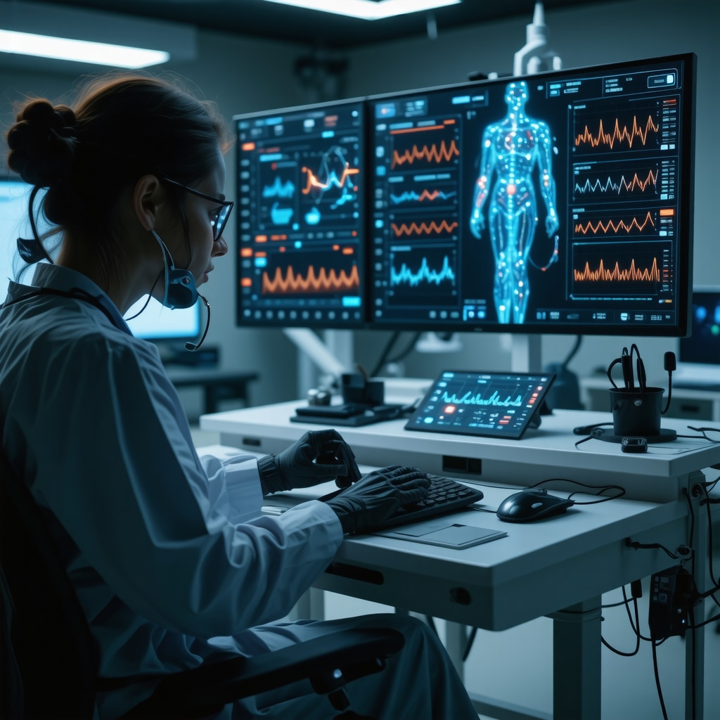 Doctor using AI telemedicine tools to optimize Ozempic treatment with biomarker data on screens