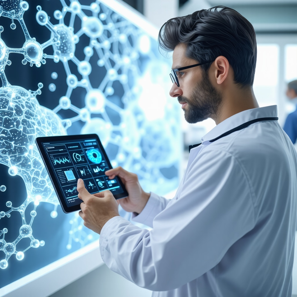 Healthcare professional reviewing digital biomarker data and AI analytics related to Ozempic therapy in a futuristic clinical environment