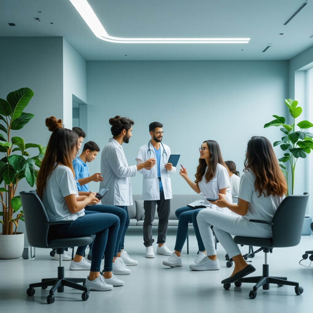 Patients receiving genetic testing and AI health monitoring in a modern medical weight loss clinic