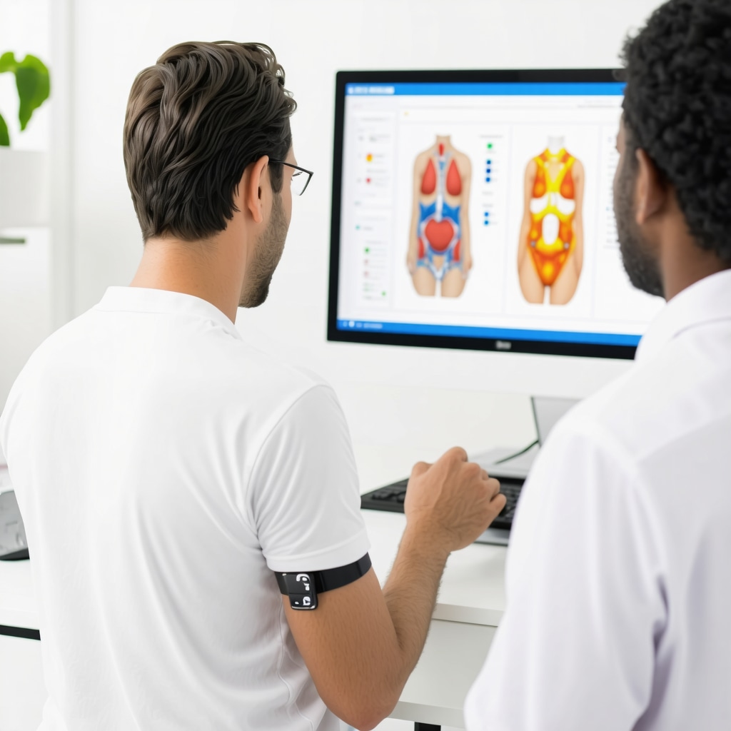 Patient with wearable continuous glucose monitor and clinician reviewing DEXA scan results on computer