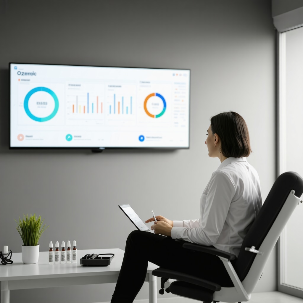 Modern medical weight loss clinic room with AI health dashboards and Ozempic treatment materials