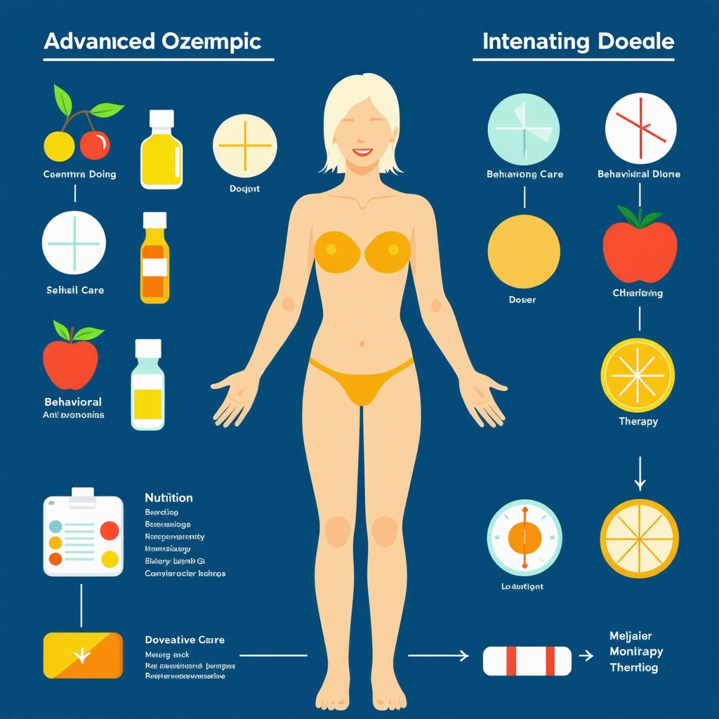 Infographic showing personalized Ozempic dosage titration alongside nutrition and behavioral therapy elements