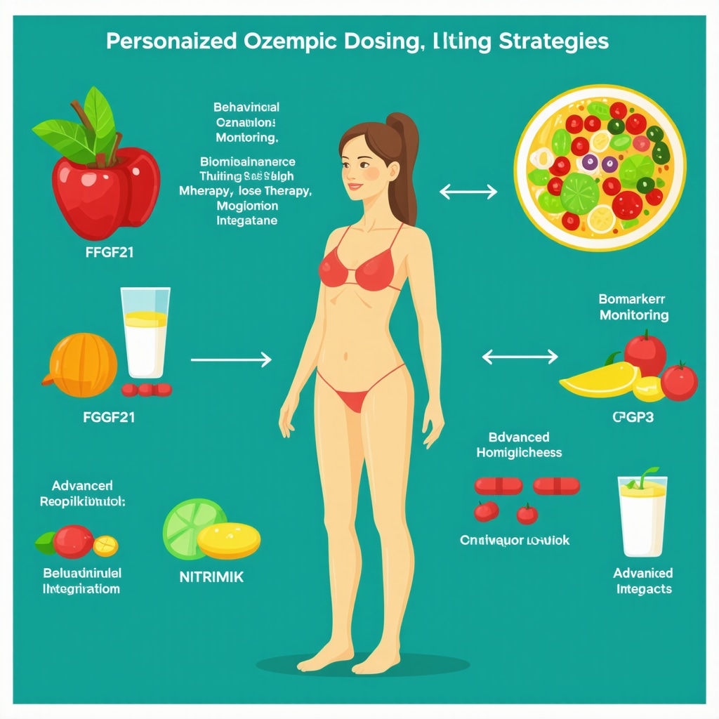 Infographic showing personalized Ozempic dosing, biomarkers, behavioral therapy, and nutrition for optimal weight loss