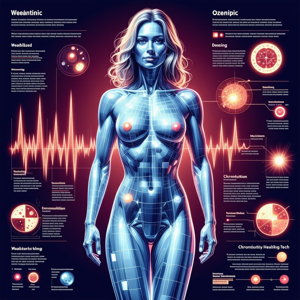 Infographic showing personalized Ozempic dosing, chrononutrition, digital health tracking, and psychological resilience for weight loss