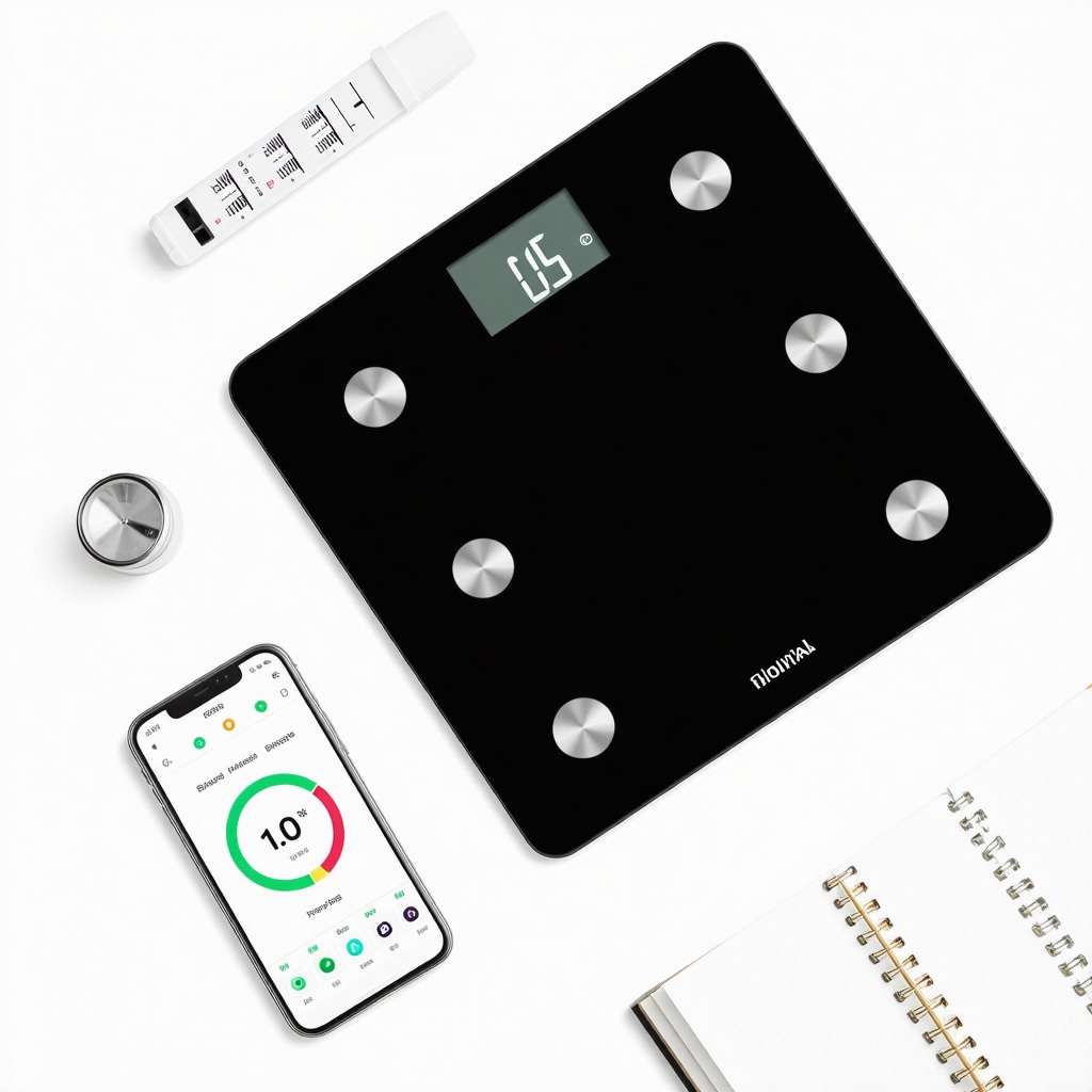 Flat-lay of blood test reports, body composition scale, smartphone health apps, and journal for Ozempic tracking