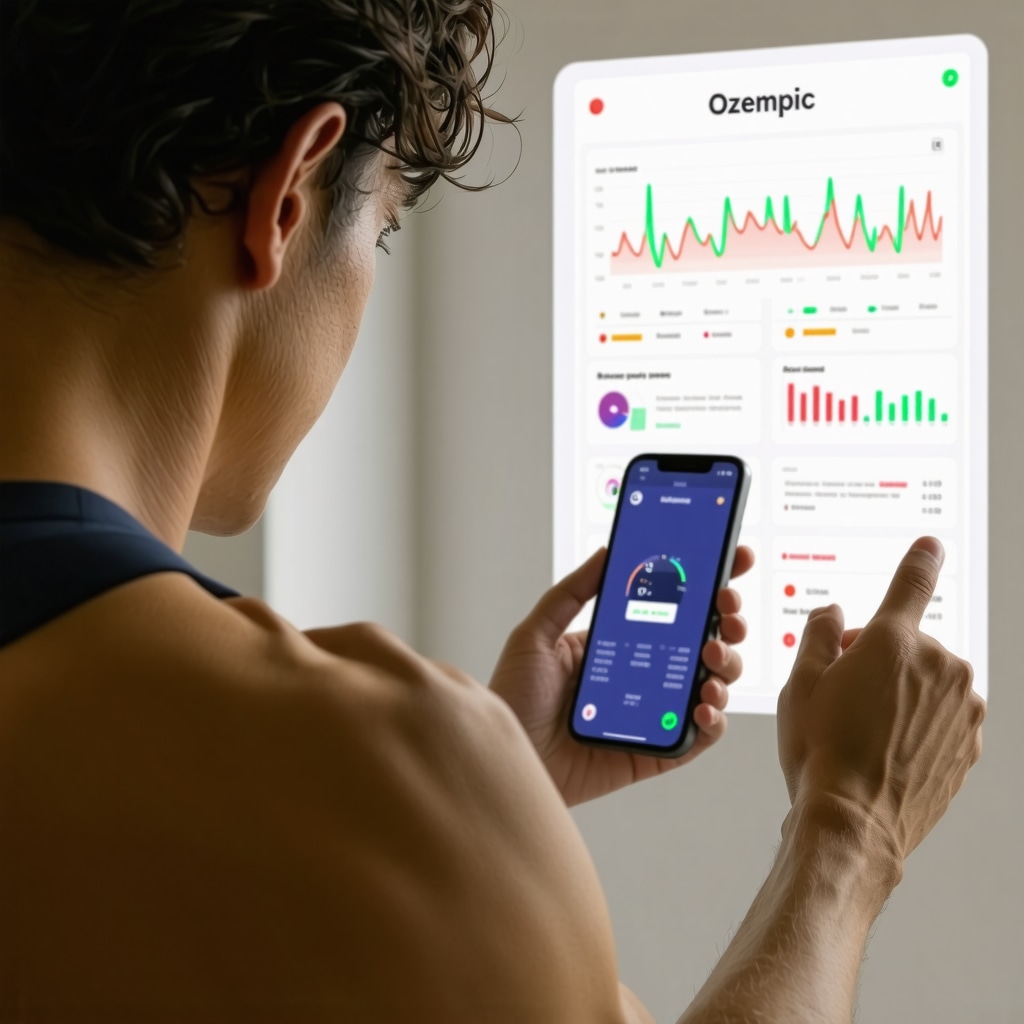 Person using wearable fitness tracker and health app alongside Ozempic medication and metabolic data visuals