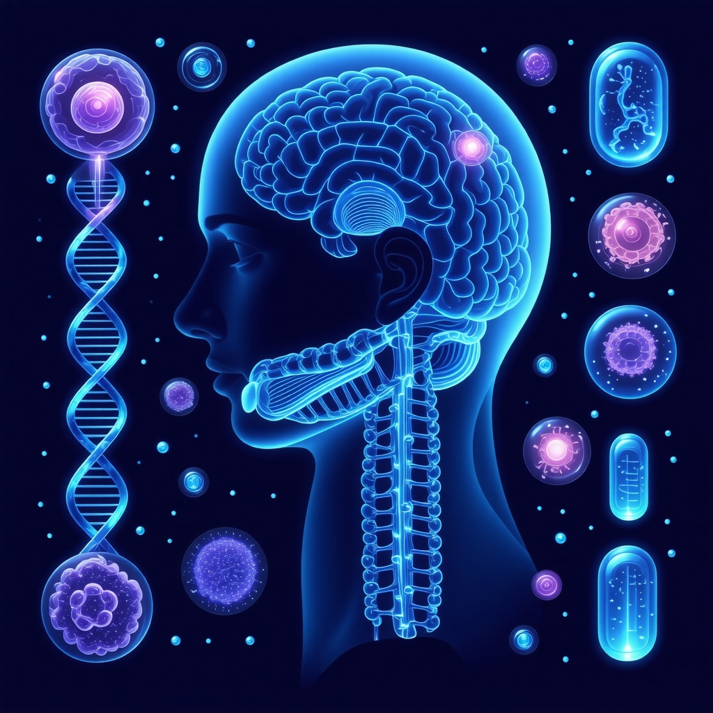 Medical illustration showing DNA, AI, gut microbiome, and behavioral therapy icons surrounding Ozempic treatment