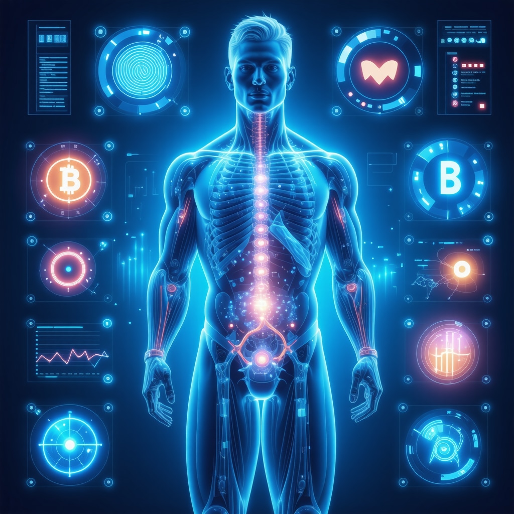 Futuristic telehealth dashboard showing biometric monitoring, blockchain, and genomics for Ozempic therapy