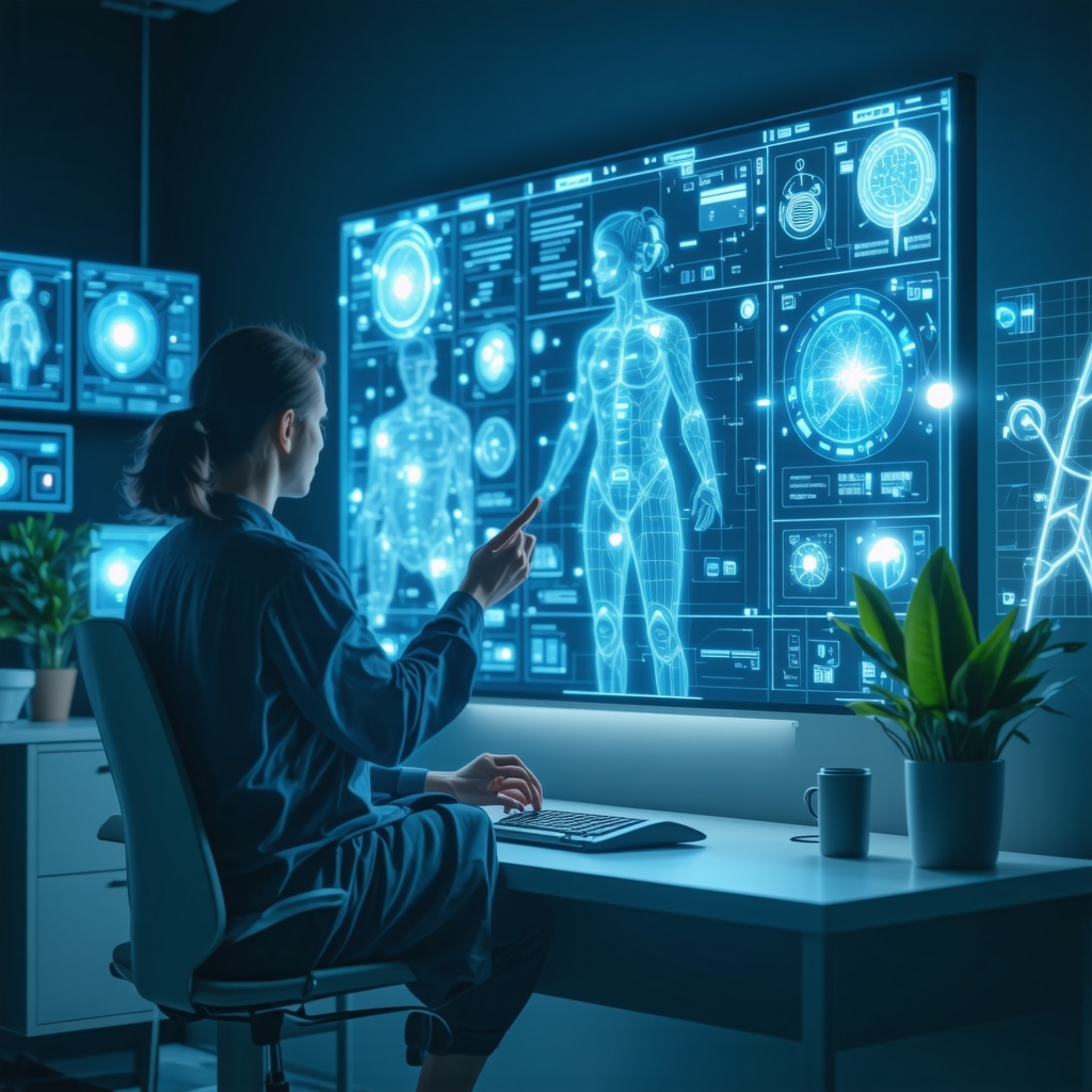 Futuristic telehealth session depicting patient and provider using wearable devices and genetic data for personalized Ozempic therapy