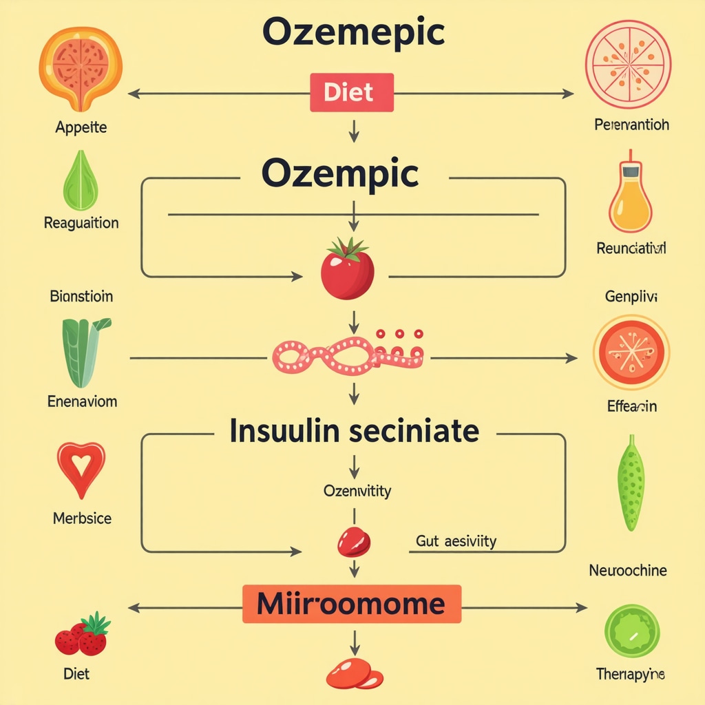 Infographic depicting Ozempic mechanisms including appetite suppression, insulin regulation, microbiome impact, and behavioral therapy integration