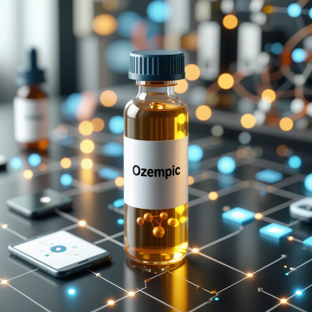 Digital blockchain network and AI health devices surrounding Ozempic vial illustrating advanced pharmaceutical security and personalized treatment