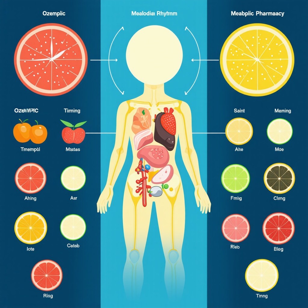 Infographic showing circadian rhythm aligned meal timing with Ozempic effects on metabolism