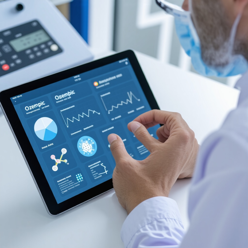 Medical professional analyzing pharmacogenomic results and digital application data to personalize Ozempic obesity treatment