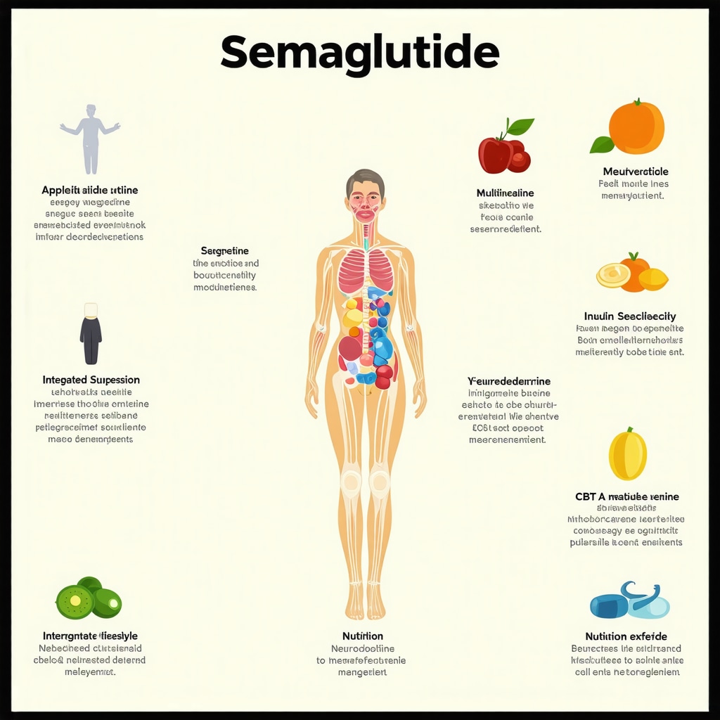 Infographic showing Ozempic’s mechanisms and integrated weight management strategies