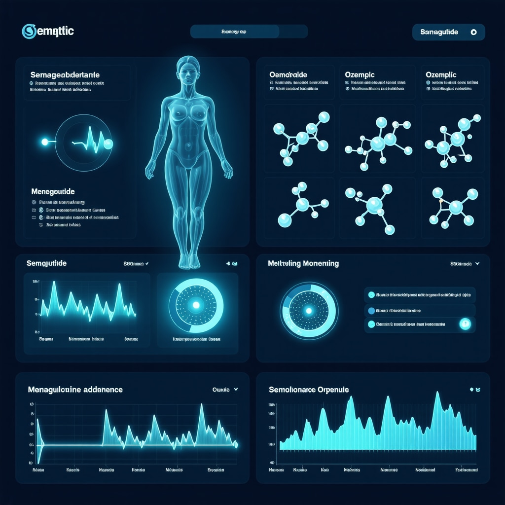 Digital health dashboard showing weight loss metrics and molecular structures of Semaglutide and Ozempic