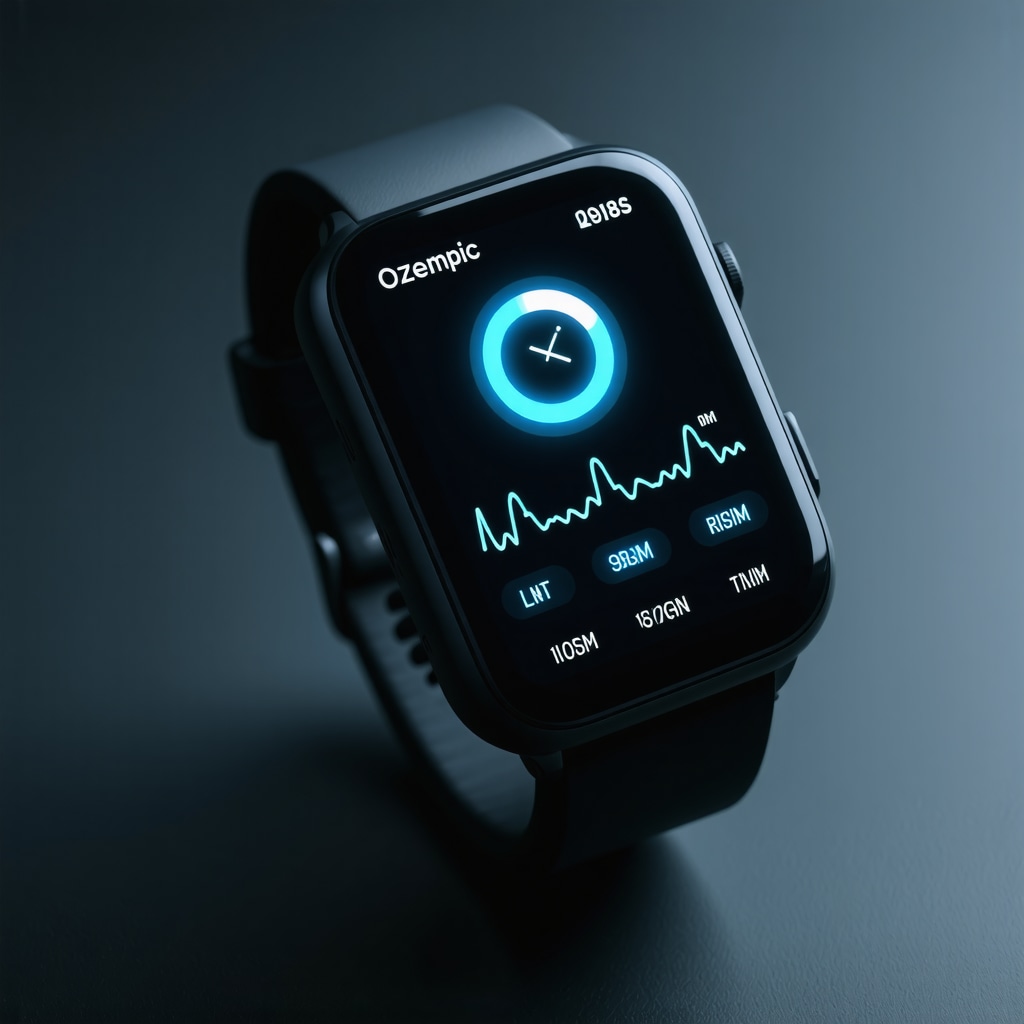 Futuristic digital dashboard showing real-time biometric data for Ozempic therapy monitoring