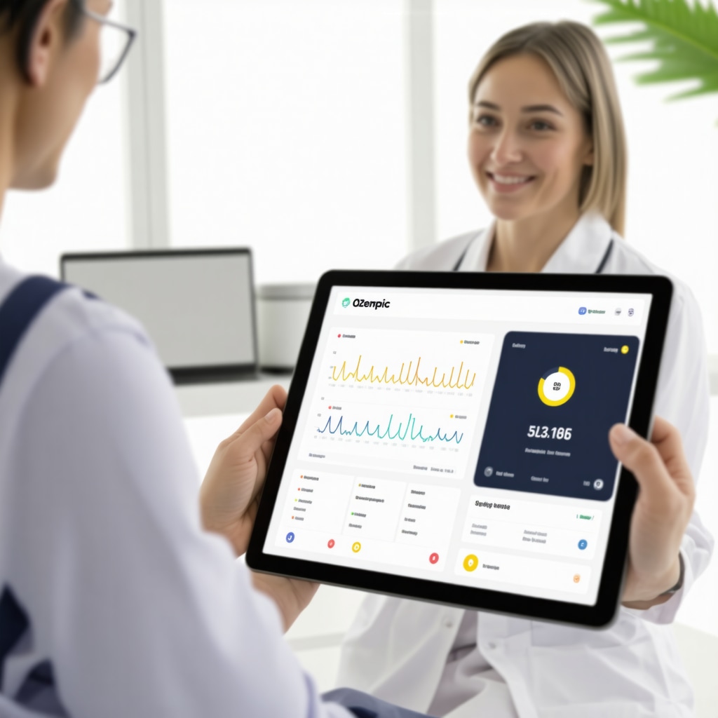Tablet displaying real-time Ozempic adherence data with clinician and patient interaction