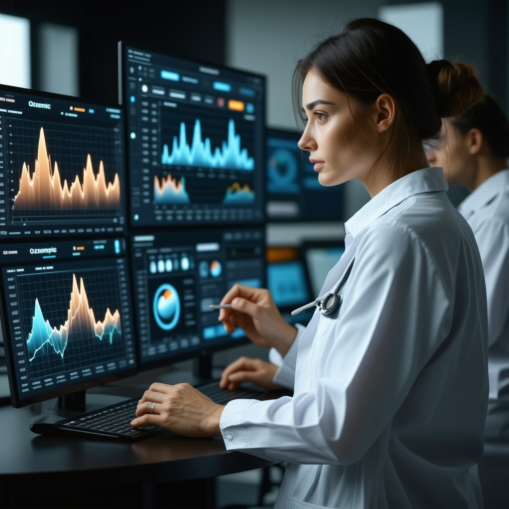 Digital health dashboard showing AI analytics and genetic reports for Ozempic therapy