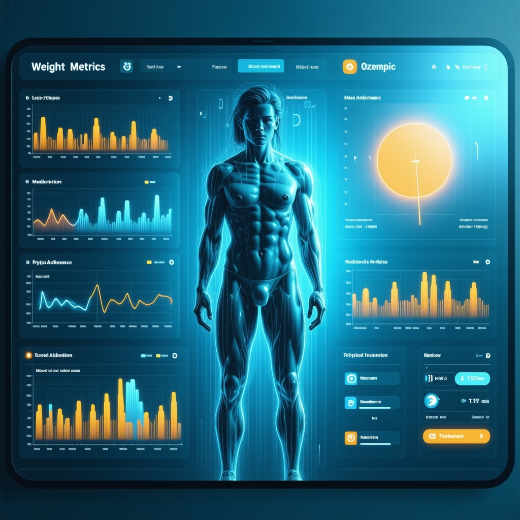 Futuristic digital dashboard displaying real-time weight loss and metabolic data for patients on Ozempic therapy