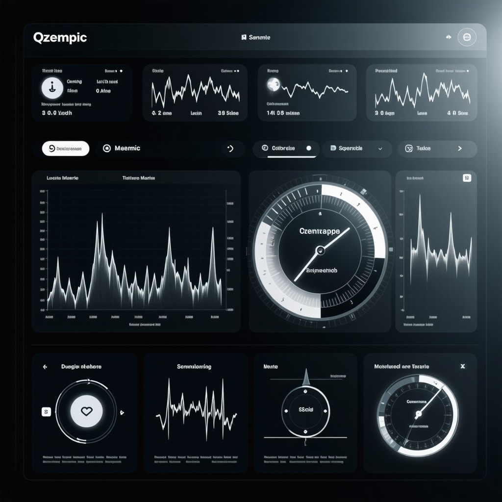 Futuristic digital dashboard showing wearable data and Ozempic dosing for personalized weight loss