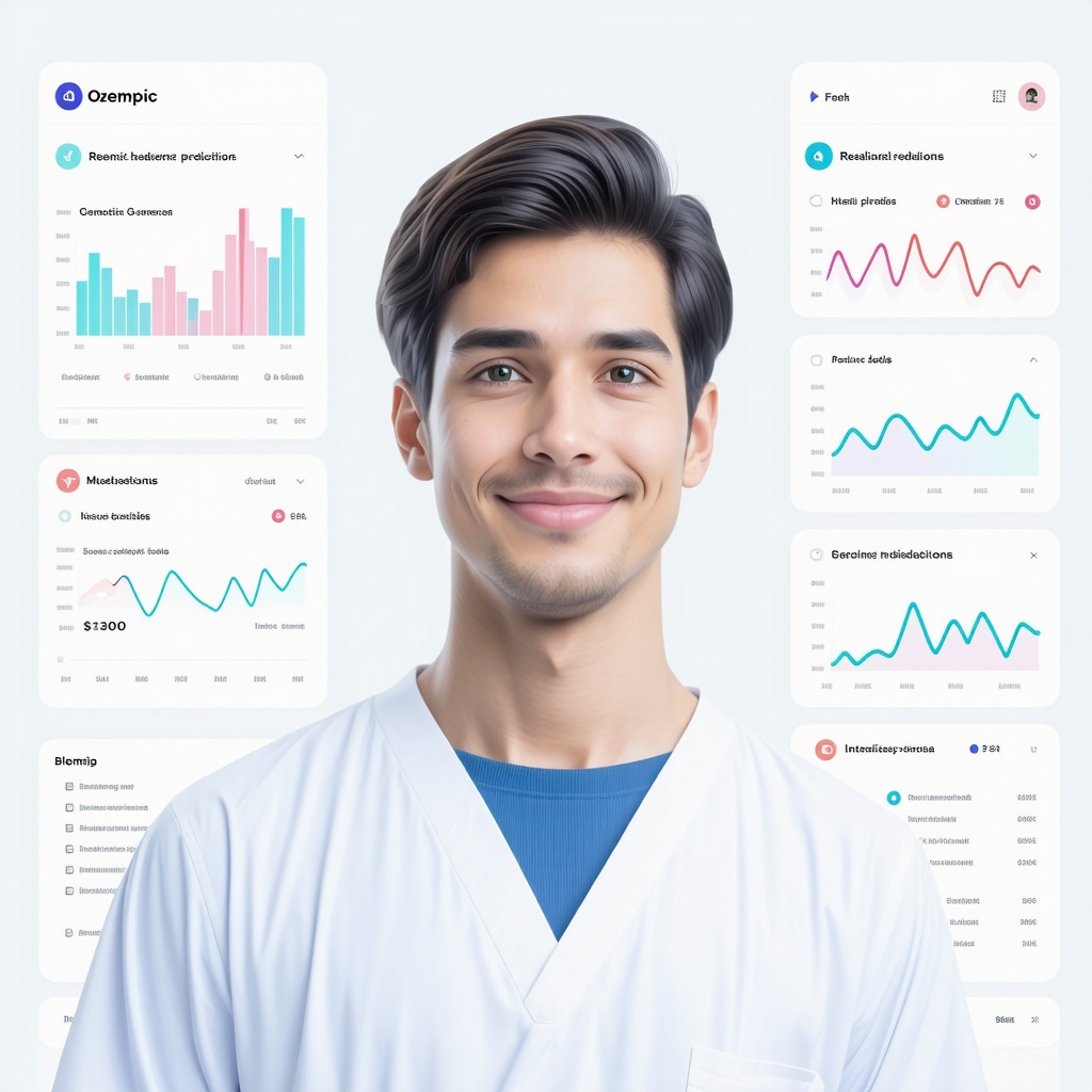 Futuristic dashboard showing metabolic data and AI predictions for Ozempic treatment optimization