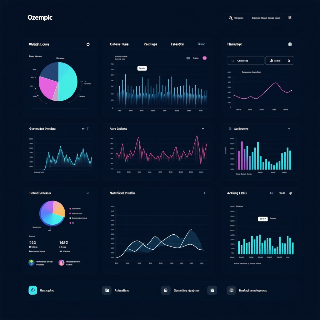 Illustration of a digital dashboard displaying genetic data, dietary logs, and activity tracking for personalized Ozempic weight loss treatment